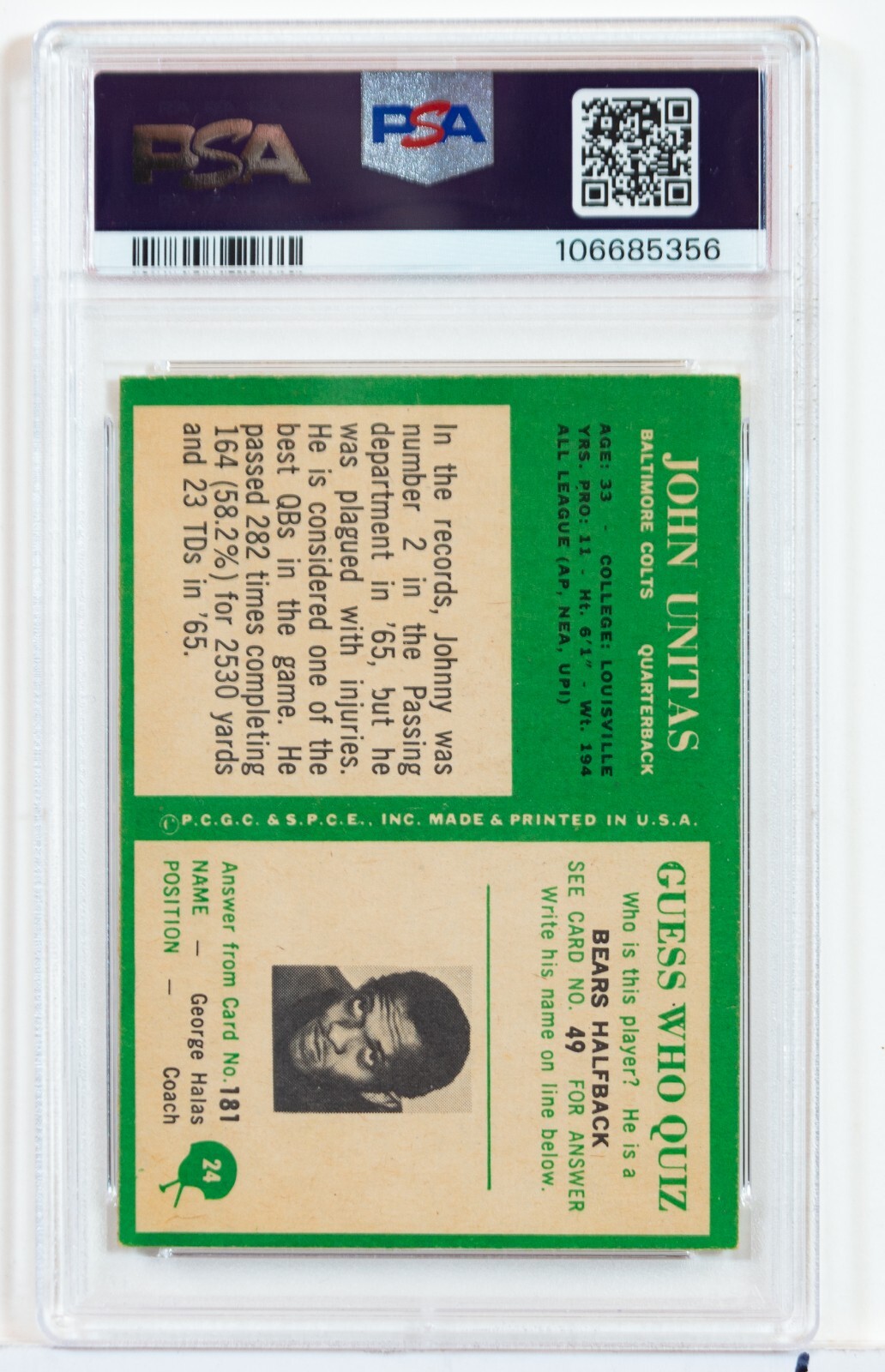 1966 Philadelphia football Johnny Unitas PSA 5 view 2