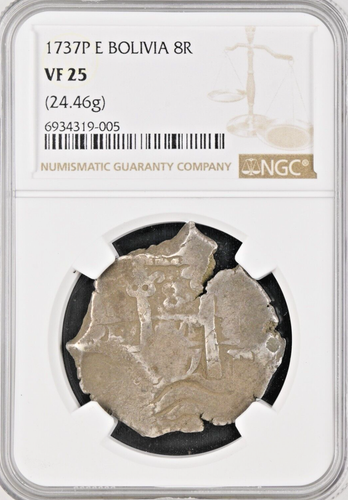 1737 P E Bolivia 8 Reales NGC VF25 Very Fine KM#31a .917 Graded Silver Cob Coin