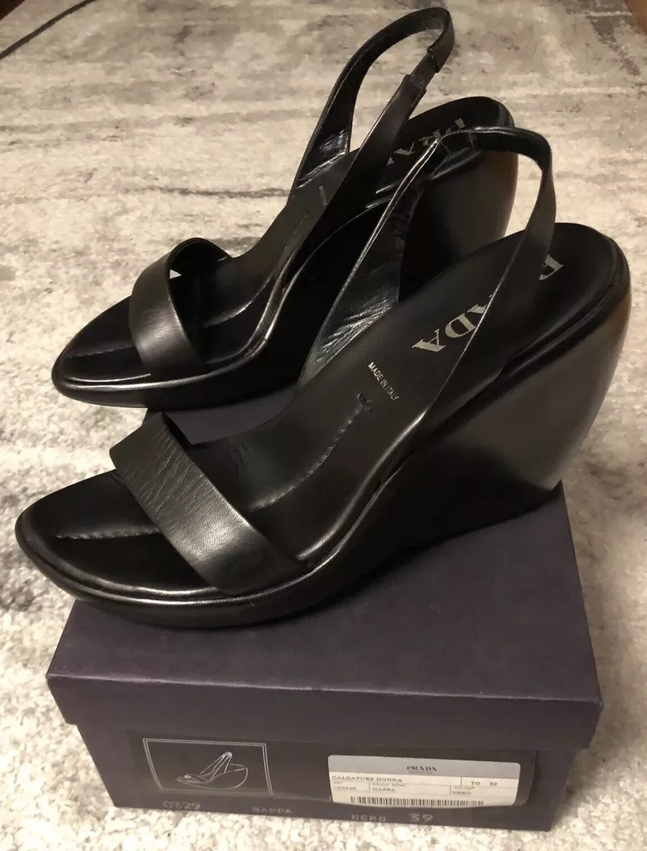 Prada Open Toe Slingback Platform Wedge Heels, Black EUR 39 (/ US ~9) $1000 USD