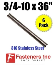 (Bundle of 6 Sticks) 3/4-10 x 36" Stainless Steel Threaded Rod 316 All-Thread