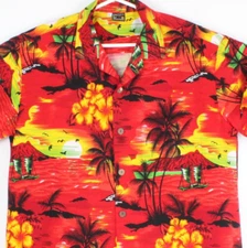 Aloha Fashion Hawaiian Shirt Mens L Chest 48 in Cotton Red Sunset Islands Aloha