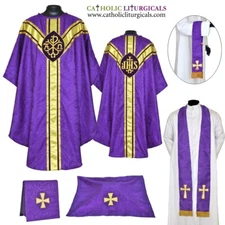 New Purple Clergy gothic vestment chasuble stole & 5pc mass set, casula, casel