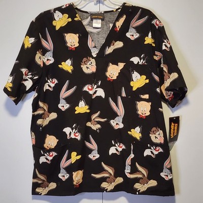 Tooniforms By Cherokee Women's V-Neck Knit Panel Looney Tunes Print Scrub Top 