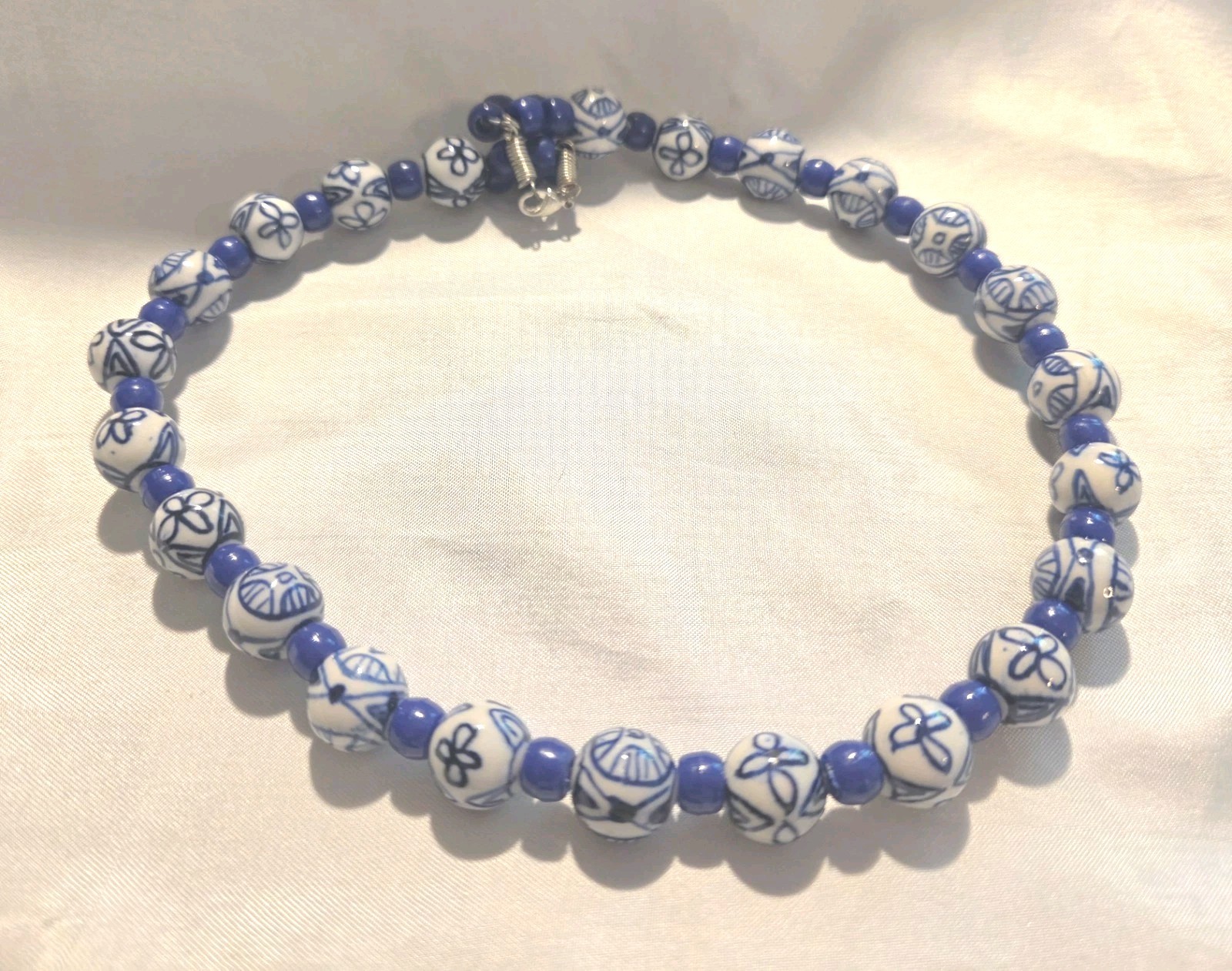 Vintage Chinese Porcelain Blue and White Floral Geometric Bead Handmade Necklace