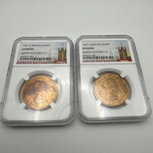 (2) 1967 Great Britain Penny - NGC GENUINE Queen Elizabeth II - UK British Coin