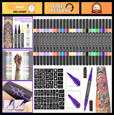 Temporary Tattoo Markers Set - 24 Body Pens  67 Stencils, Skin-Safe Face Paint