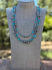 Handcrafted Kingman Turquoise & Sterling Silver 4-8mm Beaded Necklace 30"