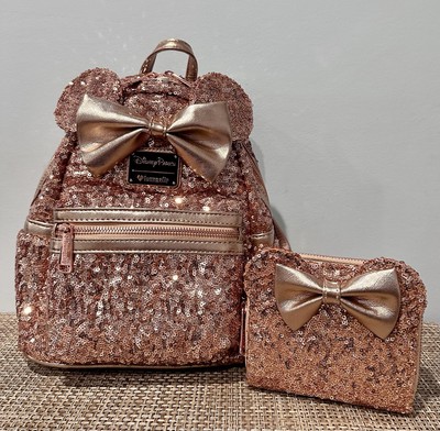 Disney Loungefly Rose Gold sequin backpack And Matching Wallet NWT