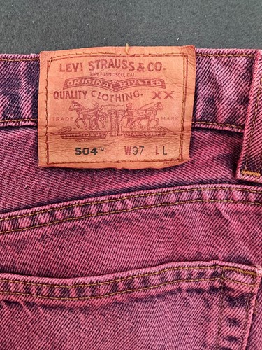 Levis 504 Men’s W97 Un-Hemmed Legs Vintage Denim Jeans Dyed Pink - Picture 5 of 11