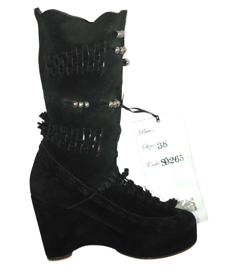 NUEVAS Botas Boho Shakuhachi Negras Gamuza Plataforma Slouch Mujeres Talla 7 EUR 38-4 pulgadas Tacón Foto 2 de 4