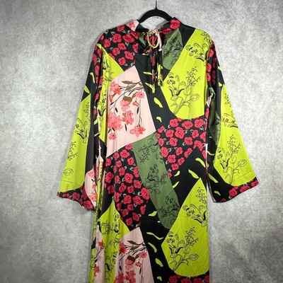 YAS Patchwork Maxi Dress Womens Medium Black Yellow Floral Art Boho Hippie NEW