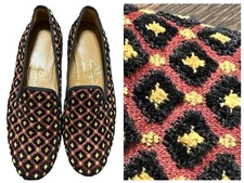 Stubbs & Wootton Needlepoint‎ Slip On Black Red Velvet Patterned Loafers Sz 7.5