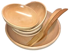 Blond wood Salad Bowl 7 pc set serving + small bowls, tongs Japan vintage Unused