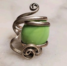 Handmade Unique Silvertone Wrap Ring Pastel Green Glass Accent
