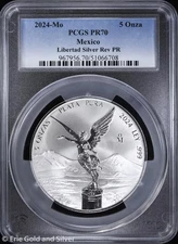 2024-Mo Mexico 5 oz Silver Reverse Proof Libertad PCGS PR 70