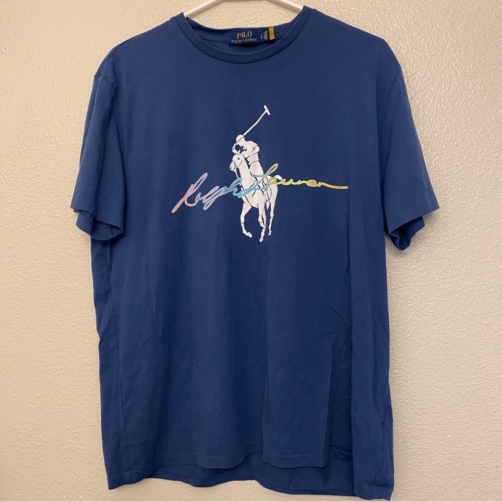 Polo Ralph Lauren Signature Big Pony T shirt arcobaleno logo pastello cotone blu navy L