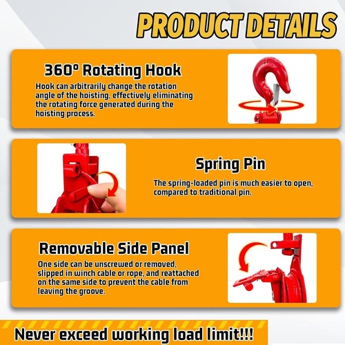1 Ton Snatch Block with Hook Easy-Open Design Snatch Block for Wire Ropes New - Picture 4 of 6