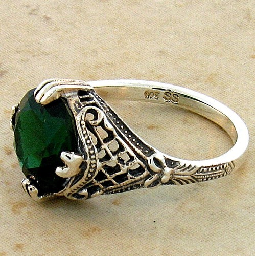 DECO ANTIQUE STYLE 925 STERLING SILVER 3.50 CARAT SIMULATED EMERALD RING 540Z - Picture 3 of 3