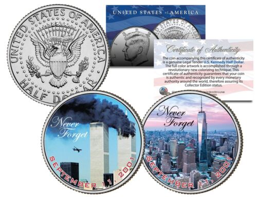 WORLD TRADE CENTER 9/11 WTC Colorido Medio Dólar JFK EE. UU. 2-Monedas Juego AVIÓN REAL - Imagen 1 de 1