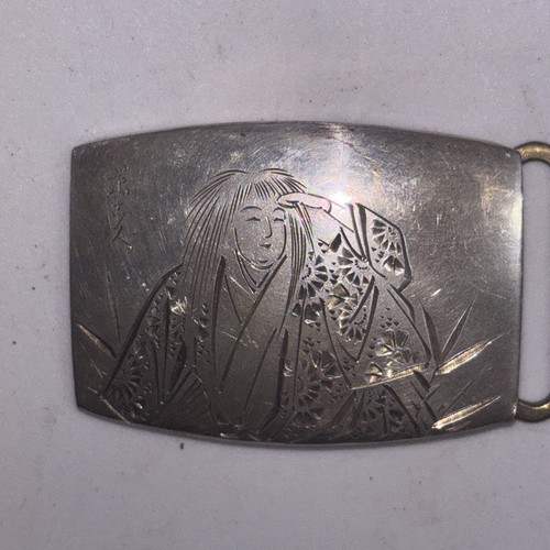 950 Sterling Silver Antique Japanese Engraved Samurai Japanese Belt Buckle - Picture 3 of 7