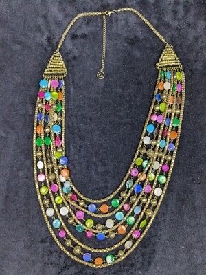 Erica Lyons Signed Multi-Strand Beaded Statement Necklace Multicolor Gold Tone 