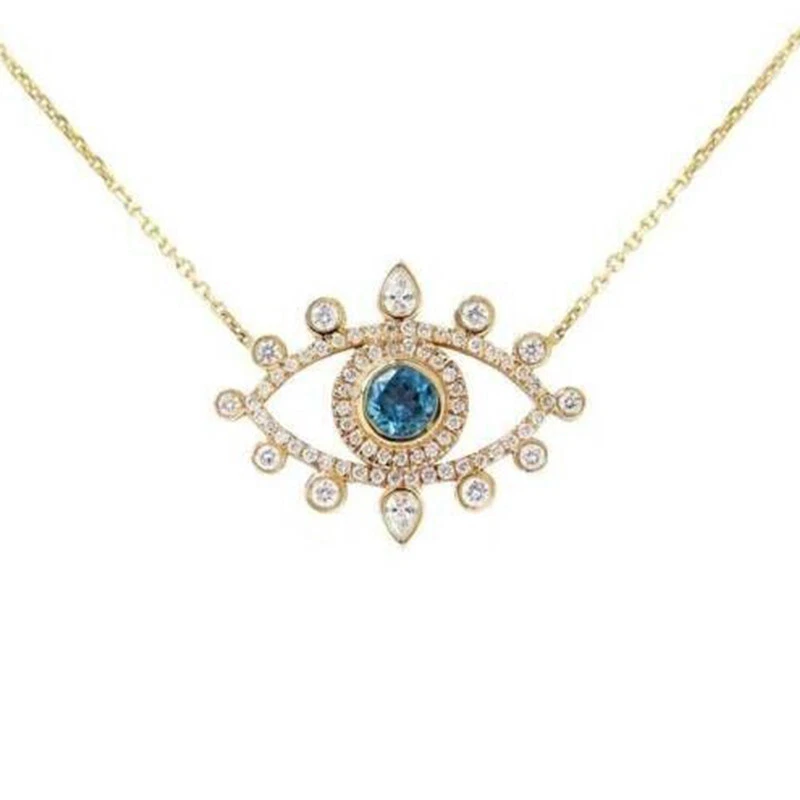 Colgante Mal de Ojo Topacio Azul Corte Redondo 2Ct con Cadena Gratis Acabado Oro Amarillo 14k Foto 2 de 4