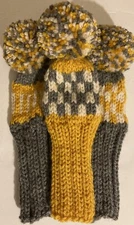 3 HOMEMADE HAND KNIT 8INCH HYBRID GOLF HEAD COVERS GOLD OFF WHITE GREY