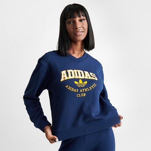 Adidas Women's College Graphic V-Neck Long Sleeve Sweatshirt Size M Dark Blue