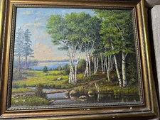 George Greenwood (1869 - 1950) "Stream And Landscape Scene" Oil Painting -Framed