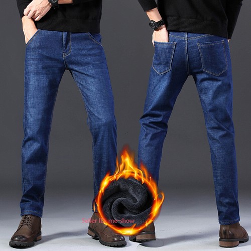Mens Winter Thermal Jeans Fleece Lined Denim Pant Thick Stretch Straight Trouser - Picture 2 of 14