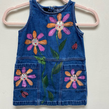 Gap Girls Sheath Dress Blue Pink Floral Crew Neck Zipper Sleeveless Denim XXS