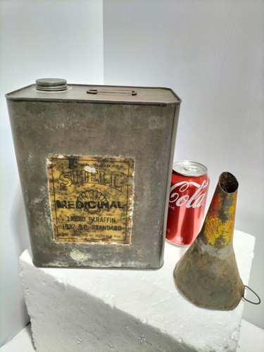 Scarce Vintage Shell Oil Tin Can Paraffin 1Gal & Old Shell Oil Funnel Spout -AF - Picture 14 of 15
