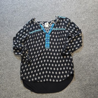 One September Top Womens Size Medium Black Blue Embroidered Neckline Tunic Boho