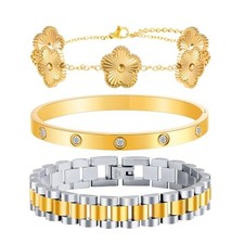 18K Gold Clover Bracelet for Women - Stackable Crystal Love Bangle Between Gold
