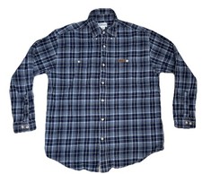 Carhartt Mens L Plaid Button Down Shirt Long Sleeve Navy Blue Cotton Pockets