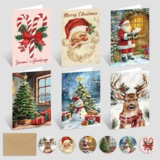 Retro Christmas Greeting Cards with Envelopes, 18 Pack, 6 Designs