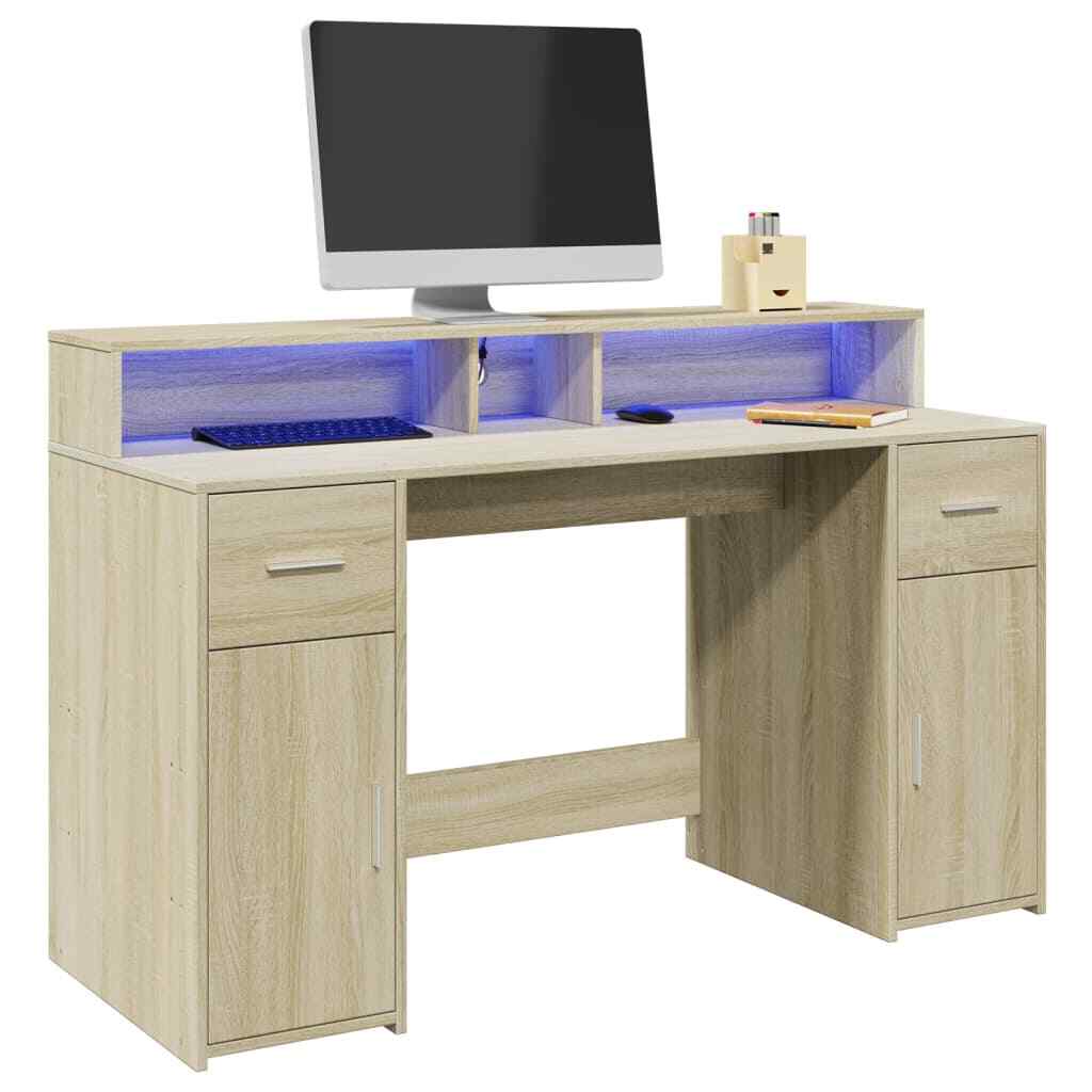 vidaXL Desk with LED Lights Sonoma Oak 140x55x91 cm Engineered Wood