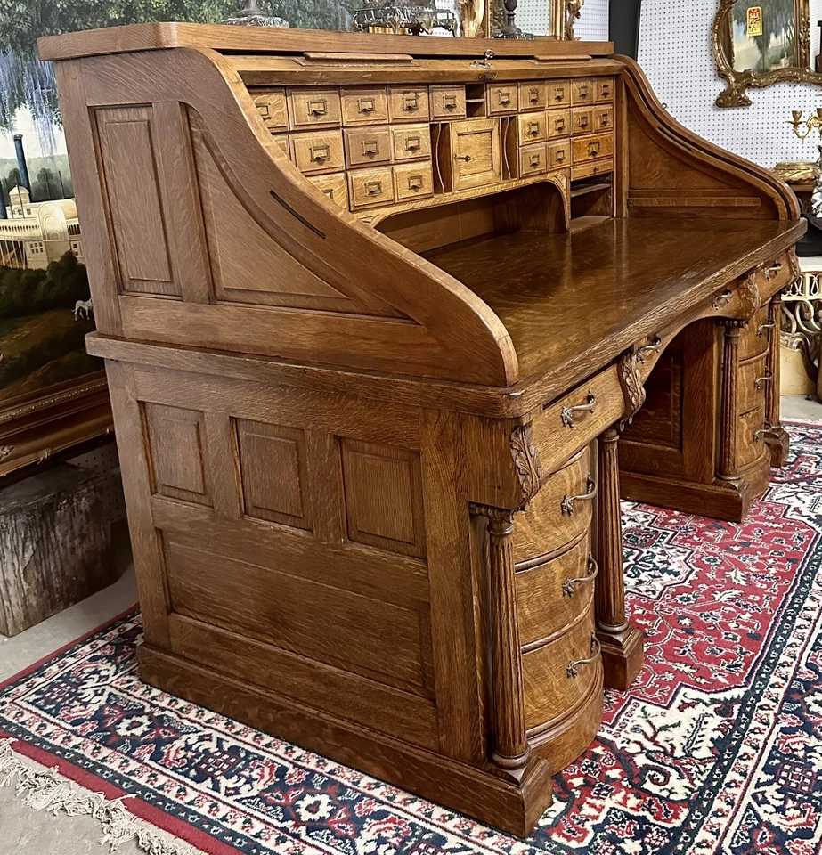 American Antique S Curve Golden Oak 72" Scarritt-Comstock Co Roll Top Desk C1890 - Image 4 of 4