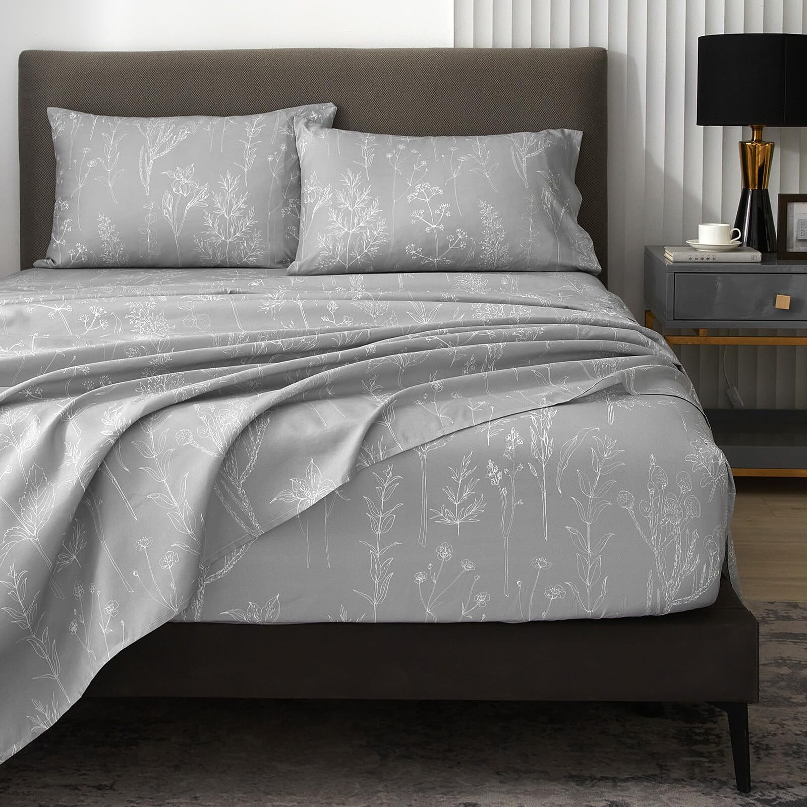 Floral Bed Sheets, 18 Inch Deep Pocket Queen Sheets Ligh Grey Patterned Sheet...-image