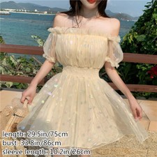 Women's Short Mesh Dresses Sequin Off Shoulder High Waist Ruffle Puff Sleeve