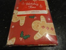 NEW PEVA vinyl TABLECLOTH Christmas GINGERBREAD MEN red white brown 52" x 70"