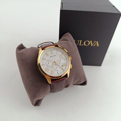 Bulova 97B169 Wilton Chronograph Gold Tone Brown Leather Men s Watch 46.5mm