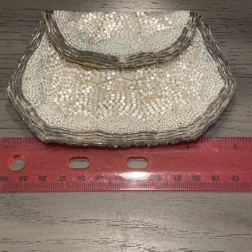 Vintage Small Beaded Coin Purse Handmade Made In France Off-White Grey - Picture 10 of 12