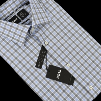 HUGO BOSS Blue Plaid HANK KENT Performance Stretch Dress Shirt 15 NWT