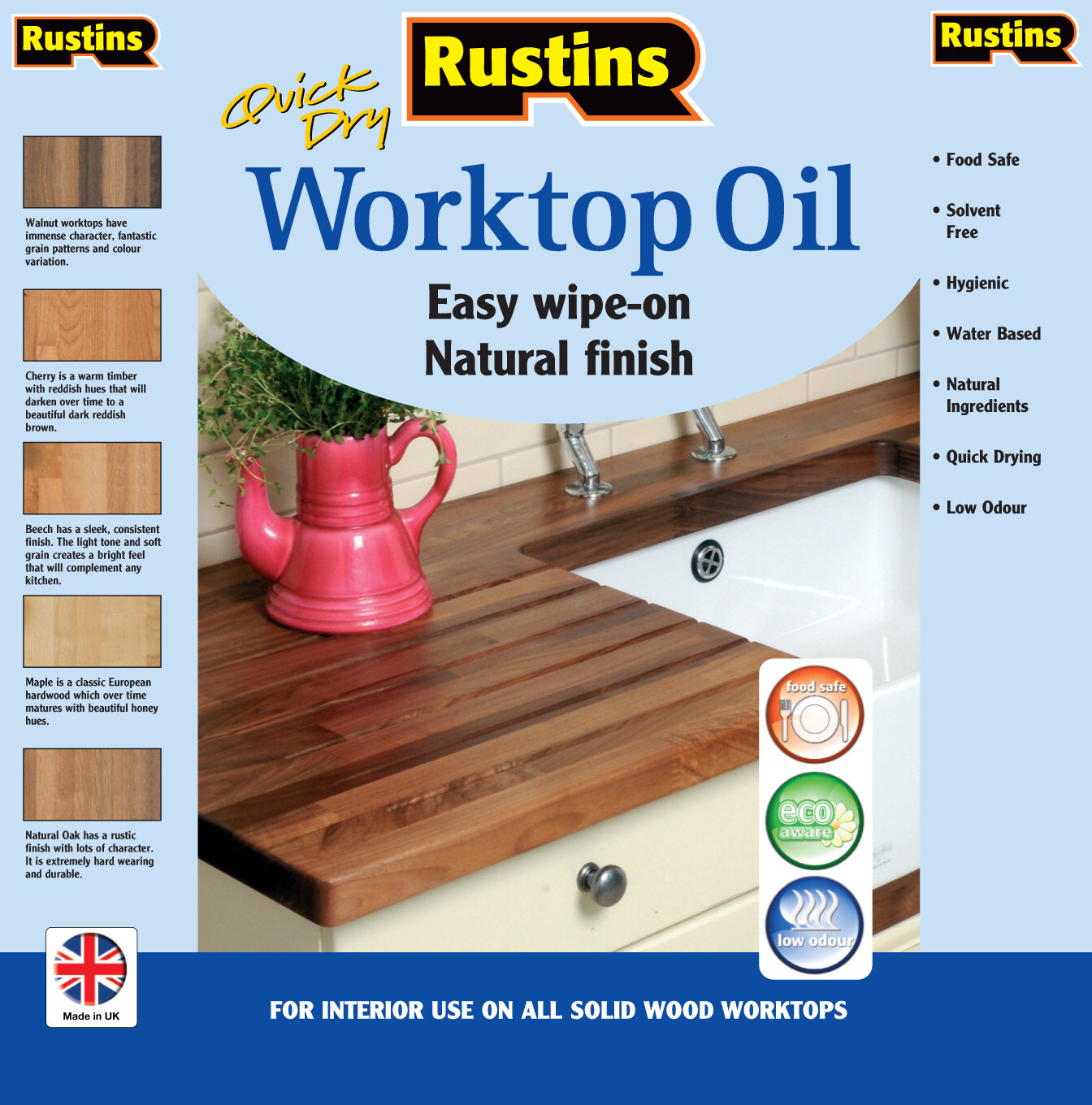 Wooden Worktop Oil Quick Dry Rustins Protects and Nourishes 500ml and 1