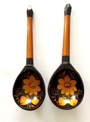 Vintage 2 wooden spoons Soviet Russian USSR Decorative Folk Art Hand Painted - Picture 1 of 5