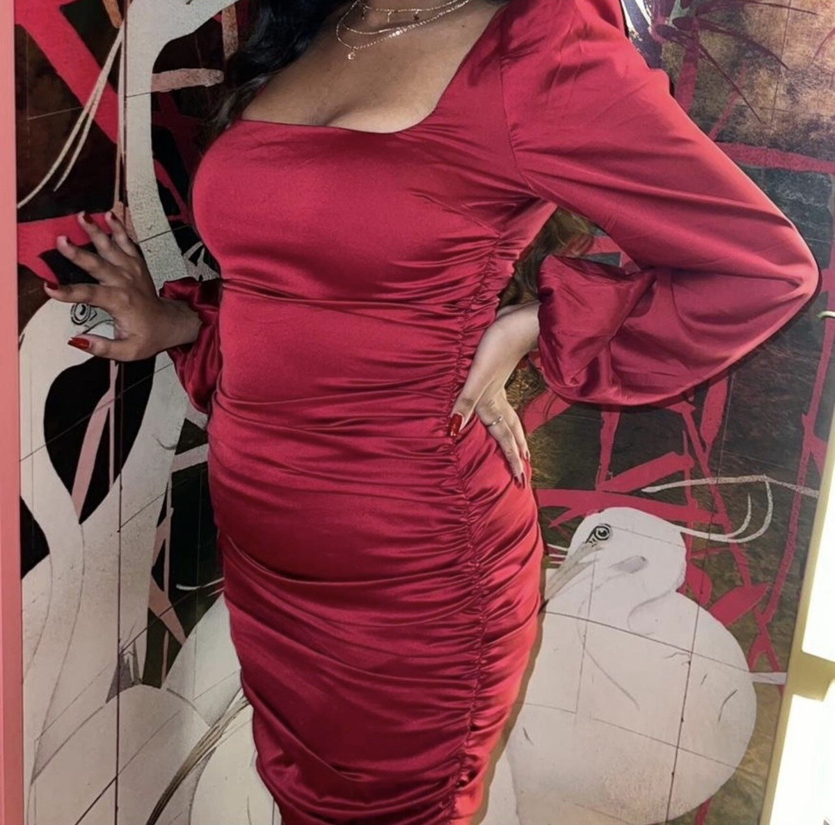 precious jewel ruched puff sleeve satin mini dress in red PRECIOUS JEWEL, Ruched Puff Sleeve Satin Mini Dress