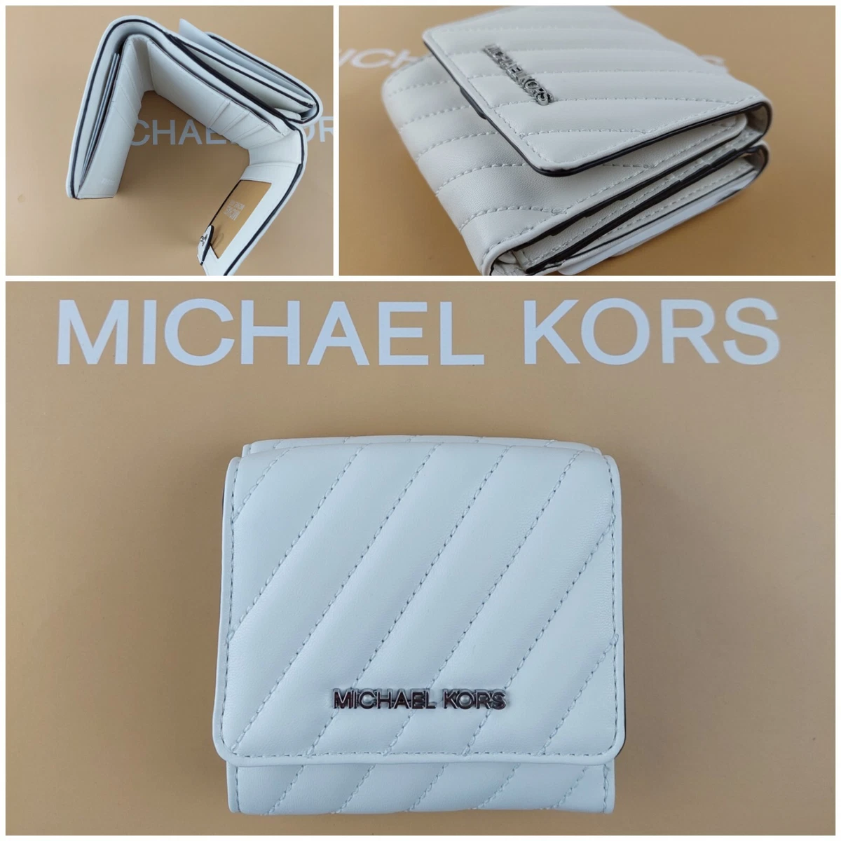 MICHAEL KORS JET SET TRAVEL WHITE LEATHER TRI FOLD WALLET CARD COIN CASE RRP 15O