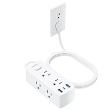 Power Strip Surge Protector Ultra Thin Flat Plug 5ft 6 Outlets 3 USB White