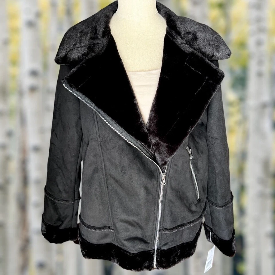 Chaqueta estilo aviador forrada de piel de gamuza sintética negra Jessica Simpson nueva con etiquetas/MD-PRECIO DE VENTA SUGERIDO POR EL FABRICANTE $200 Foto 3 de 4